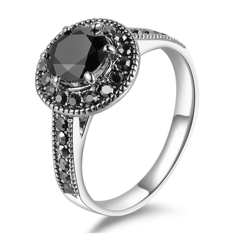 Mytys Vintage Wide Ring Classic Black Marcasite Crystal Rows Statement Silver Chunky Rings (Silver 10, 7) - Image 1